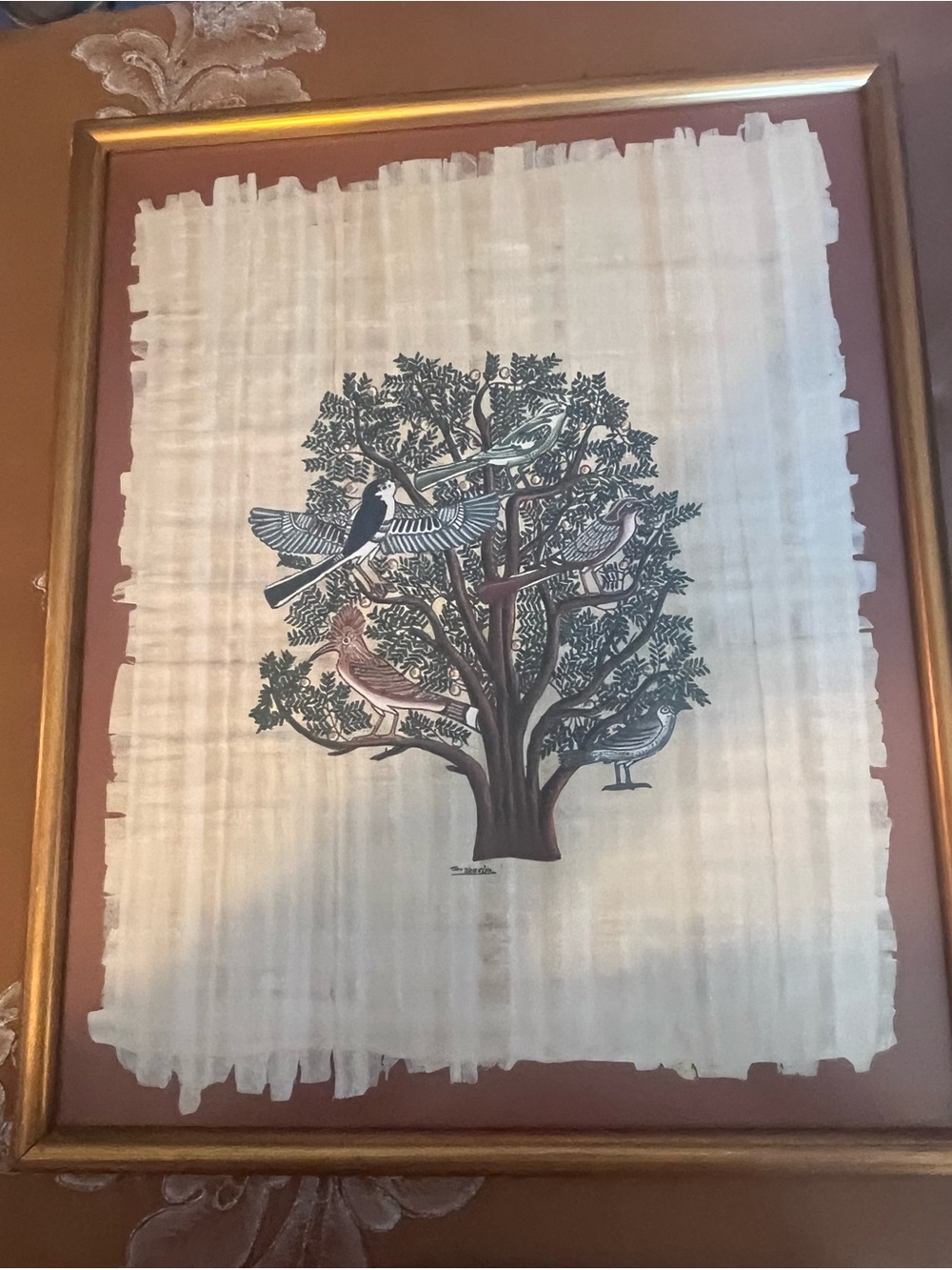 Vintage Framed Hand Painted Egyptian Papyrus “Tree of Life” Artwork By S. Gharib
